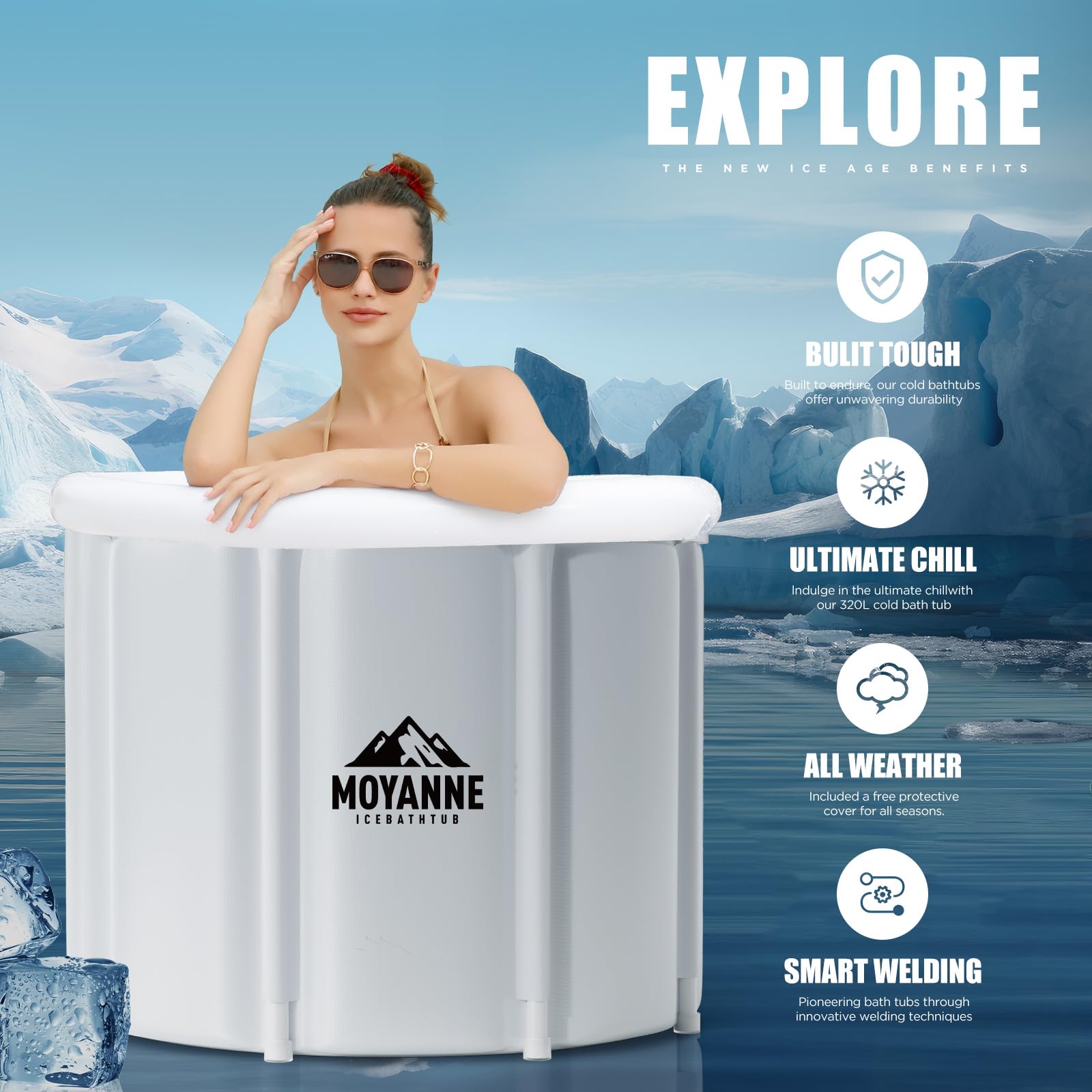 Moyanne Large Size ice bath cold plunge tub for athletes pod portable,Multiple Layered Portable Ice Pod for Recovery and Cold Water Therapy, Cold Plunge Tub for Outdoor, ice baths at home (white)