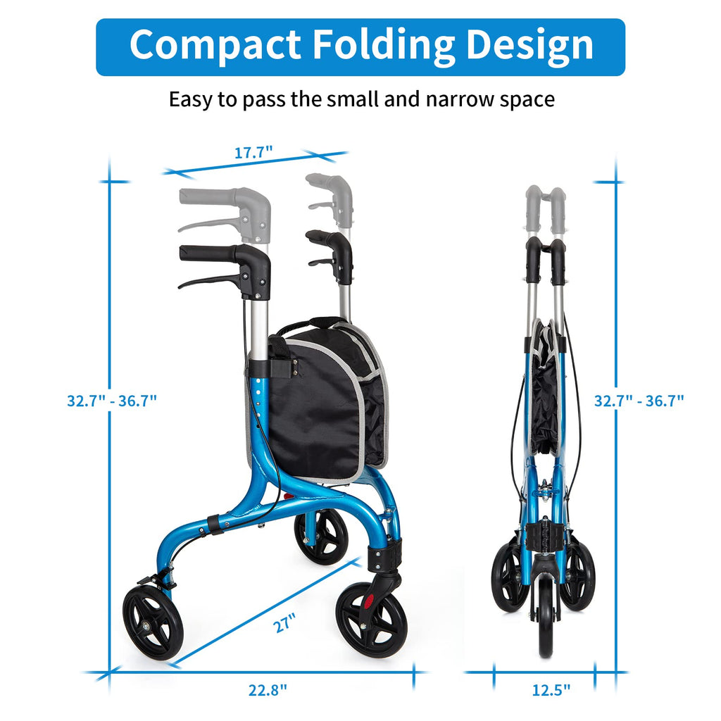 Planetwalk Premium 3 Wheel Rollator Walker for Seniors - Ultra Lightweight Foldable Walker