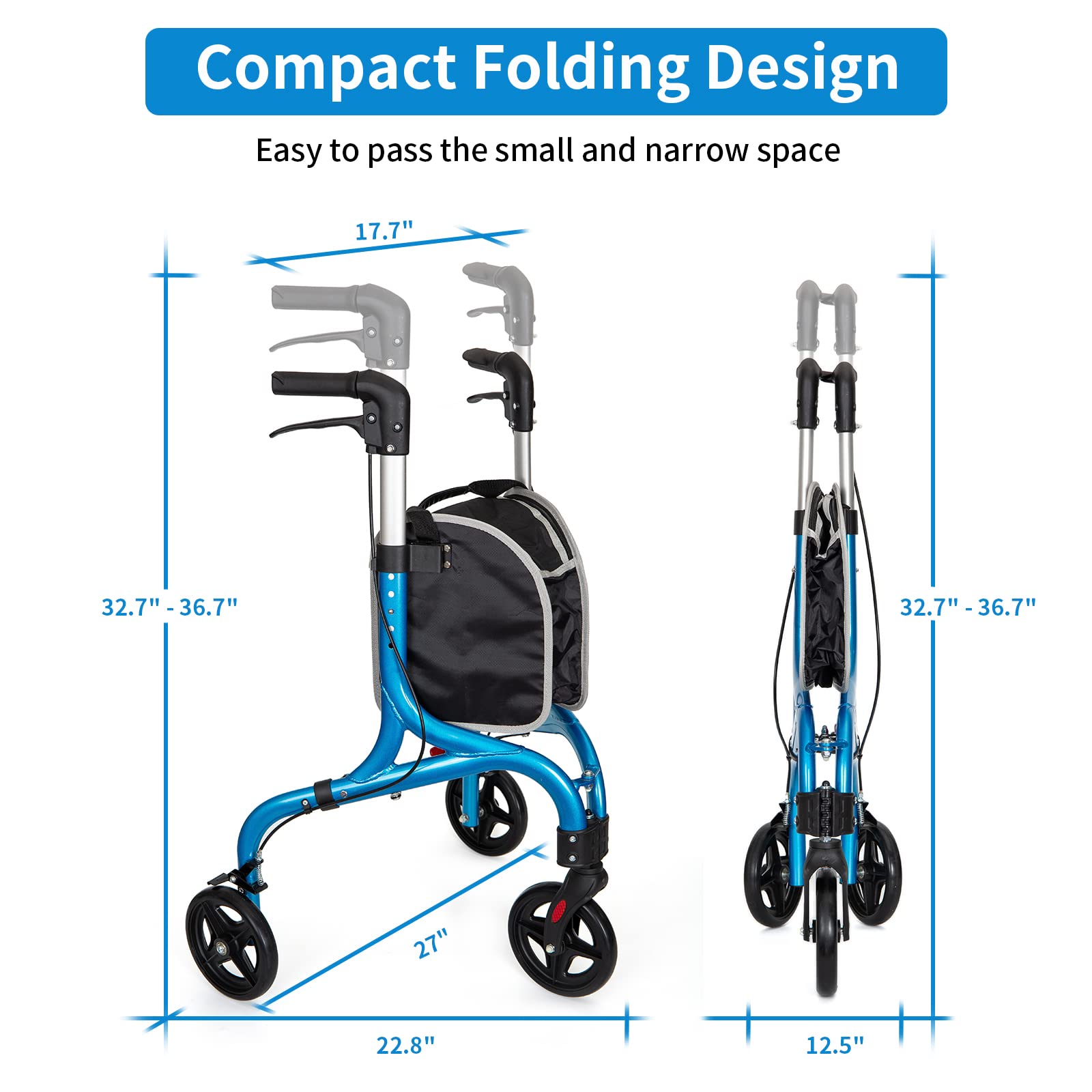 Planetwalk Premium 3 Wheel Rollator Walker for Seniors - Ultra Lightweight Foldable Walker