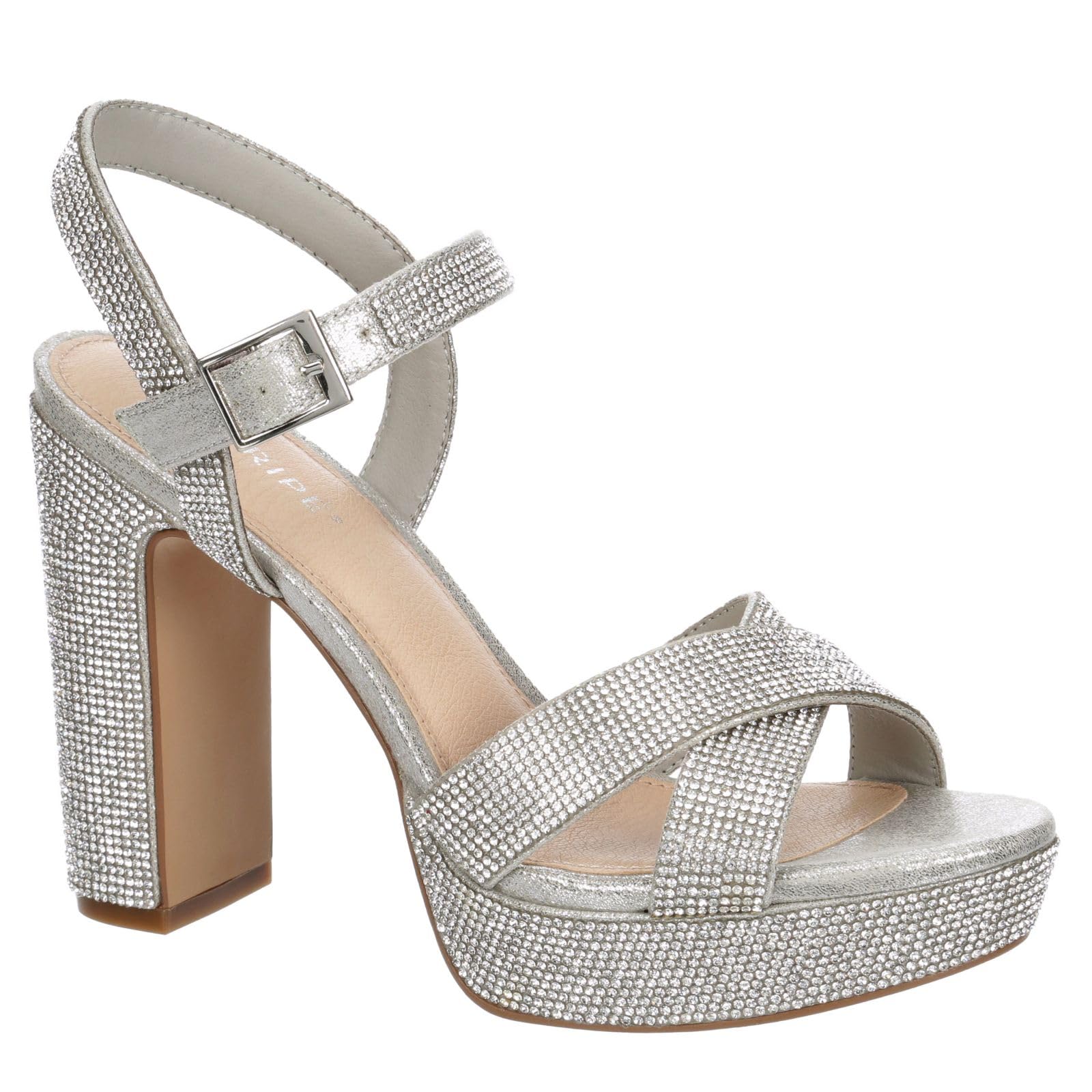Size: 39 - Maripe Leilani - Women's Open Toe Chunky High Heel Ankle Strap Rhinestone Platform Sandals Silver 2, Size 8.5 Medium Width