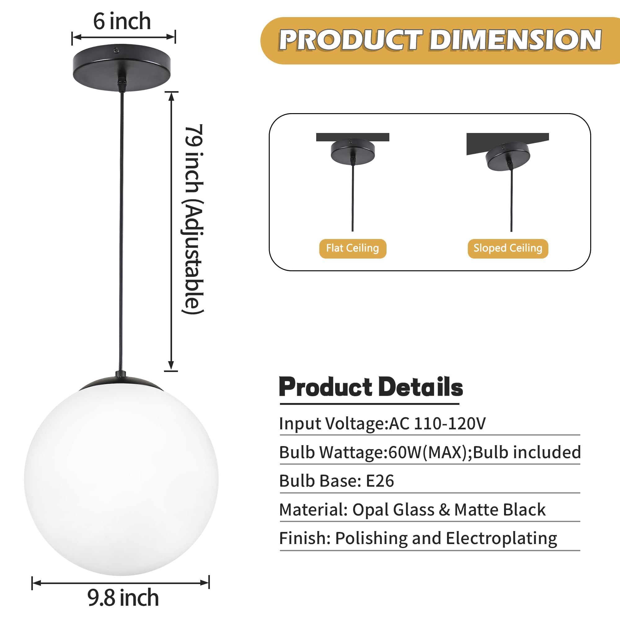 KoKo&Yukina 25 cm Globe Pendant Light Black Mid Century