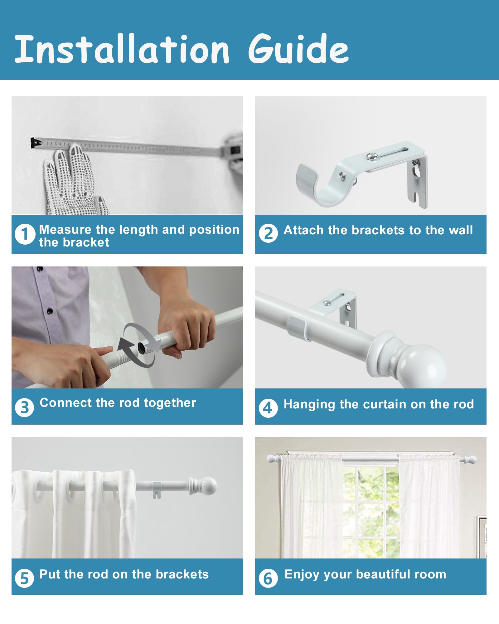 HOSKO White Curtain Rod for Window size 76 - 213 cm (White）