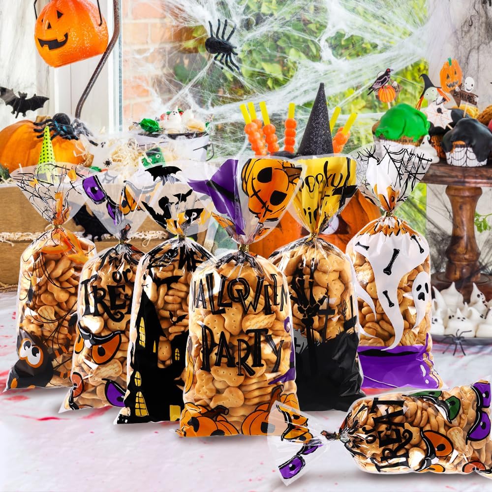 Vellibring 50 PCS Halloween Cellophane Treat Bags – Clear Candy Goodie Bags with Twist Ties for Cookies, Snacks & Party Favors