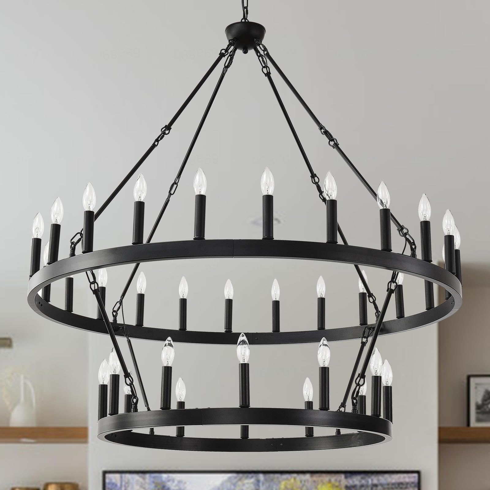 Black Farmhouse Chandelier, 36-Light Wagon Wheel Chandelier with Adjustable Height