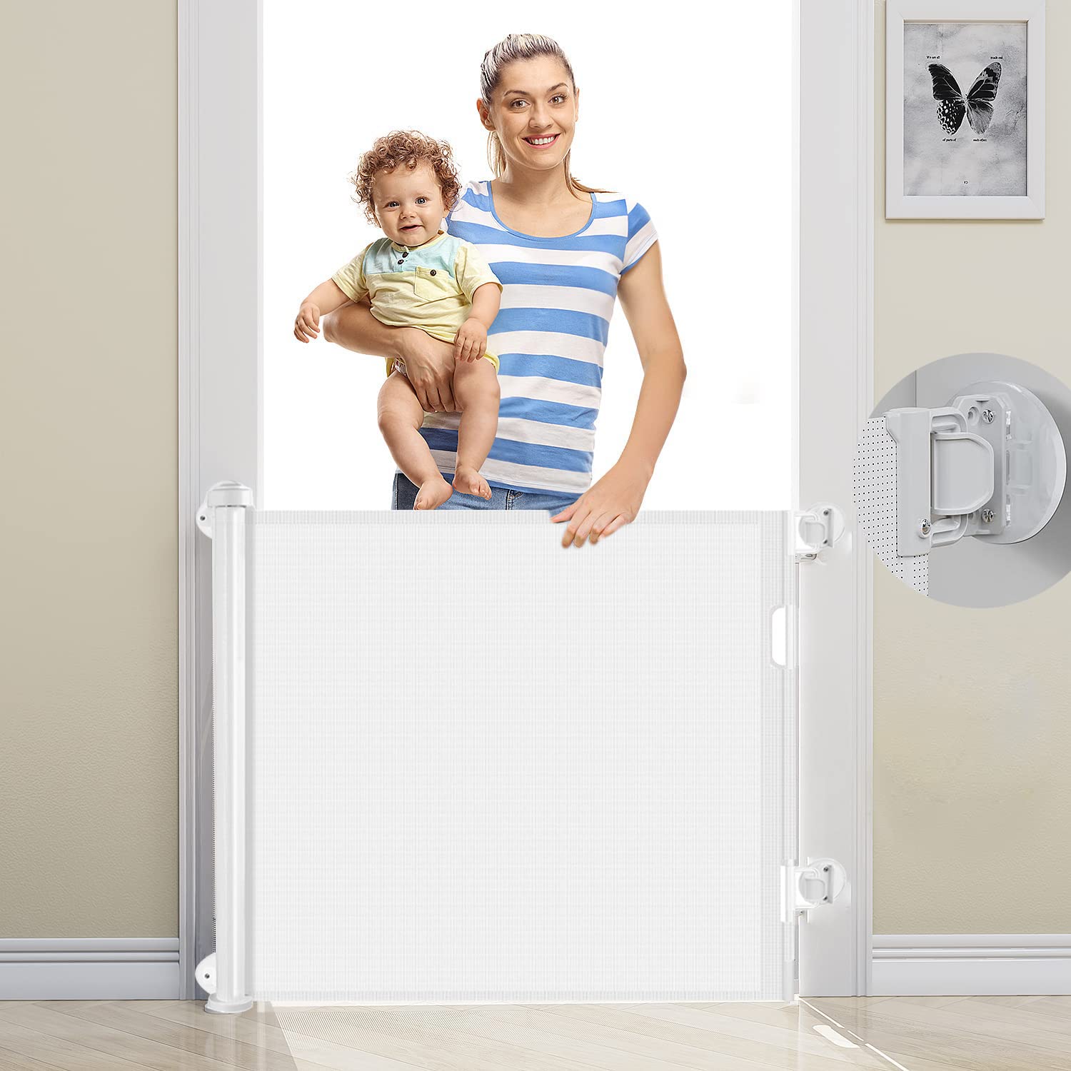 Beauenty Retractable Baby Gate, Baby Gate for Smooth Wall No Drilling, Adjustable Width and Height, Pet Gate for Doorway, Staircase, Indoor, Outdoor (White 150CM x 88CM)