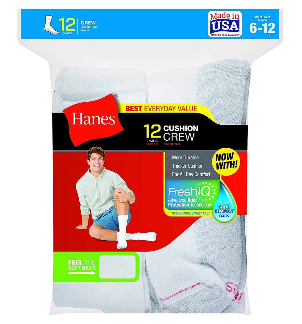 Hanes Mens Crew Socks, White, 10-13/Size 6-12 12 Pairs, White