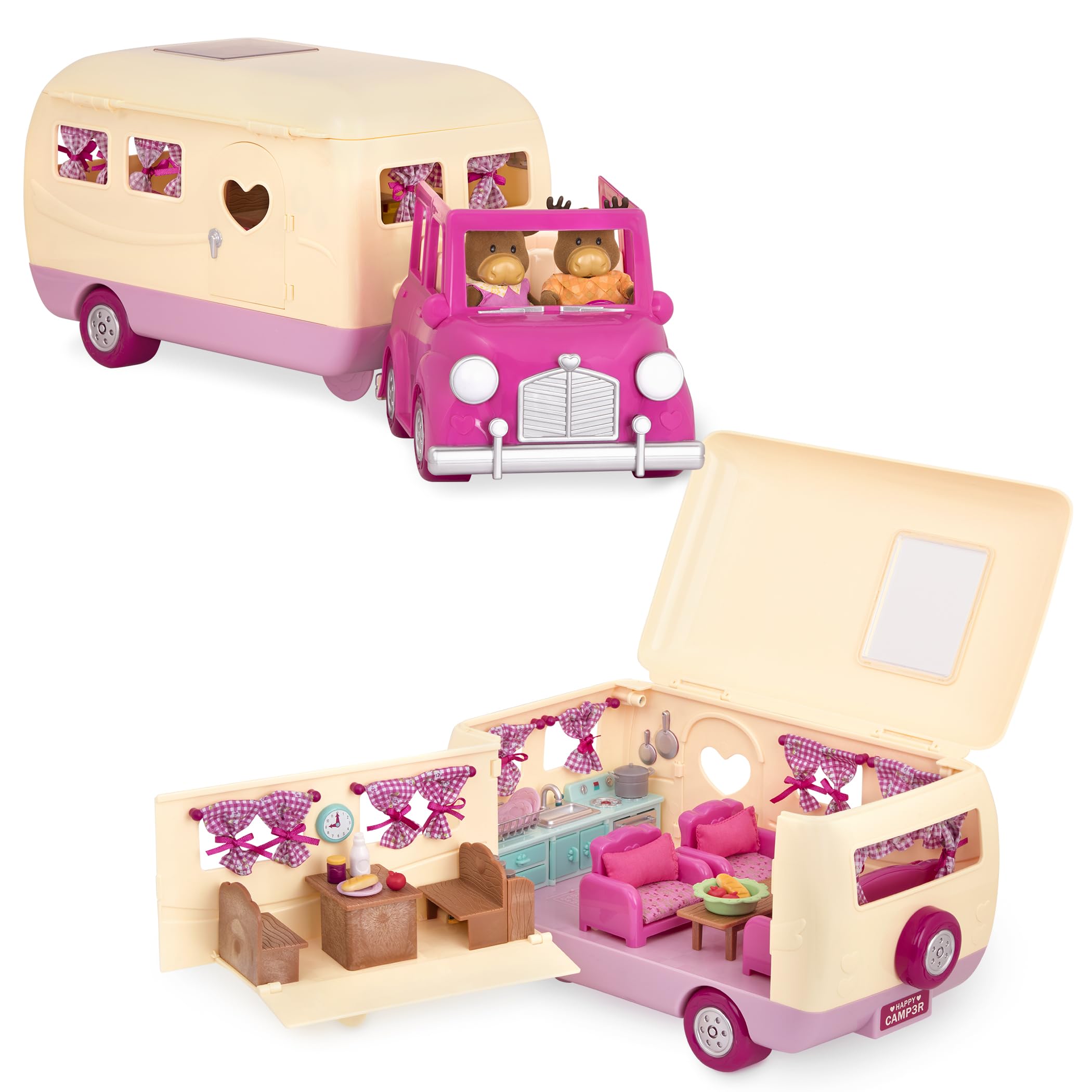 Li’l Woodzeez – Happy Camper Pink with Detachable Toy Vehicle – 40 Pcs Dollhouse Playset Including Furnitures, Play Food & Kitchen Accessories for Kids Age 3+ – Doll Figures Sold Seperately