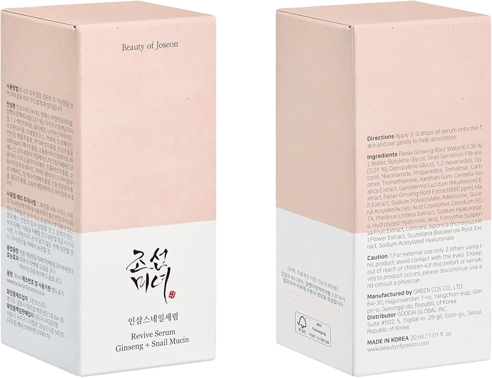 Beauty of Joseon Revive Serum Snail Mucin Ginseng Hydrating Face Moisturizer for Wrinkles Acne Scars Dull Skin Elasticity Snail Mucin Peptide Korean Skincare for Men and Women, 30ml