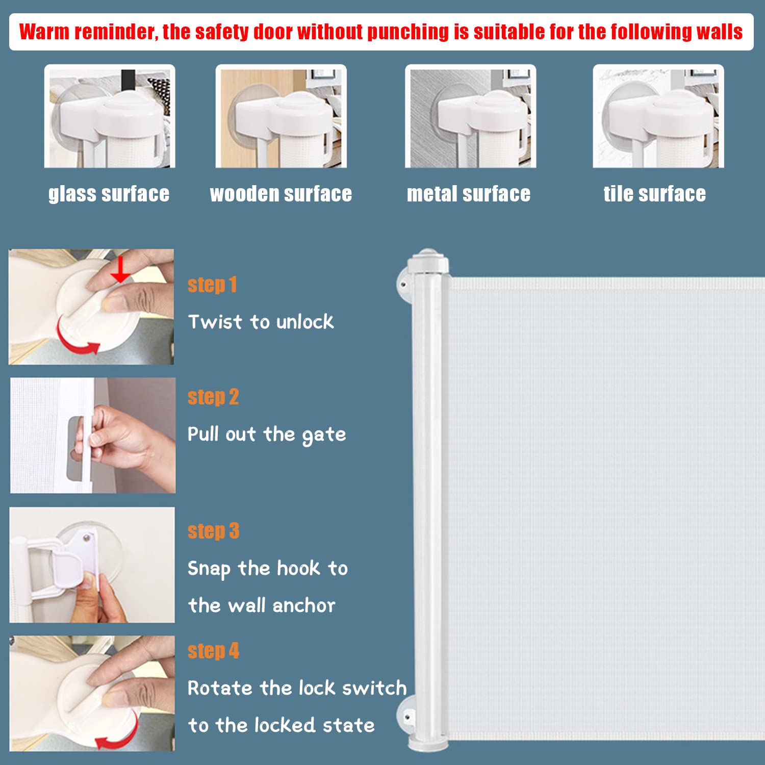 Beauenty Retractable Baby Gate, Baby Gate for Smooth Wall No Drilling, Adjustable Width and Height, Pet Gate for Doorway, Staircase, Indoor, Outdoor (White 150CM x 88CM)