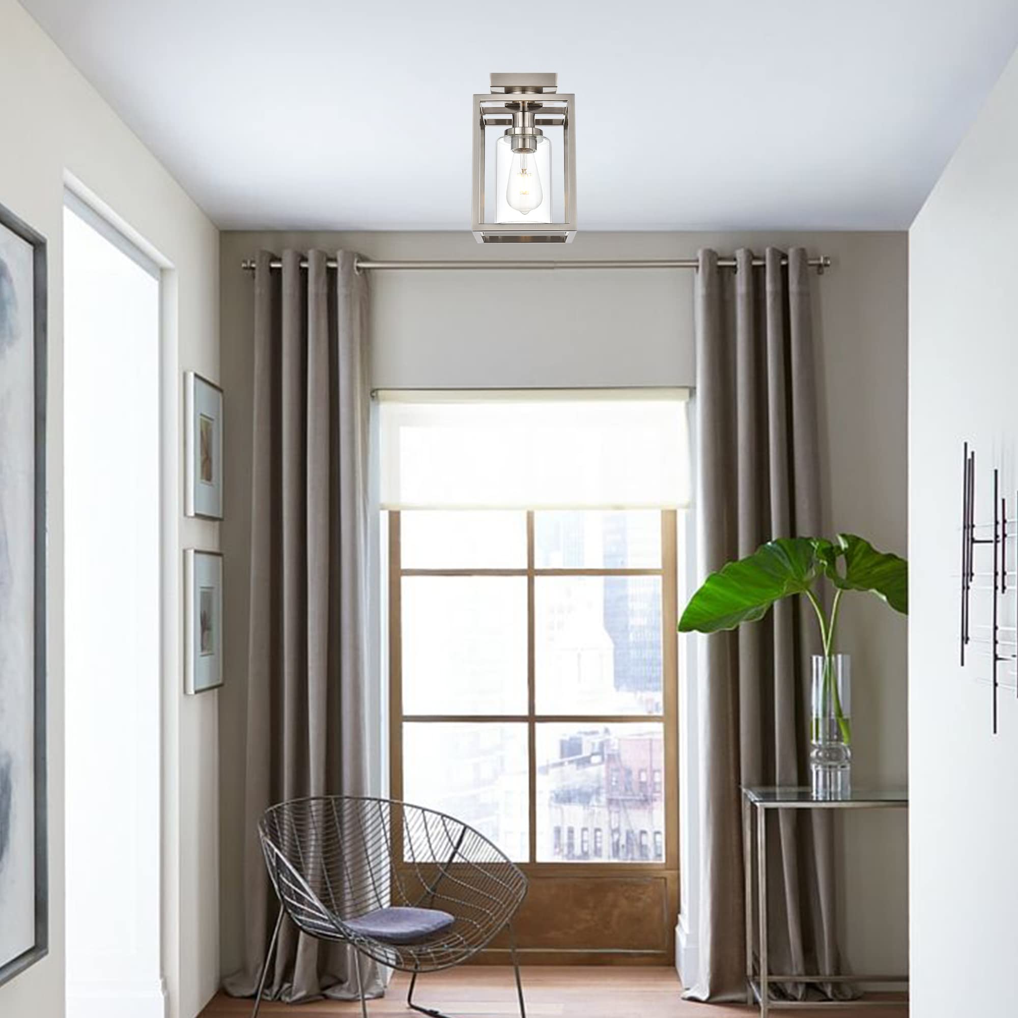 MELUCEE Semi Flush Mount Ceiling Light Brushed Nickel Finish, 1-Light Industrial Island Light Geometric Metal Cage Farmhouse Ceiling Light Fixture for Entryway Porch Bedroom Dining Room