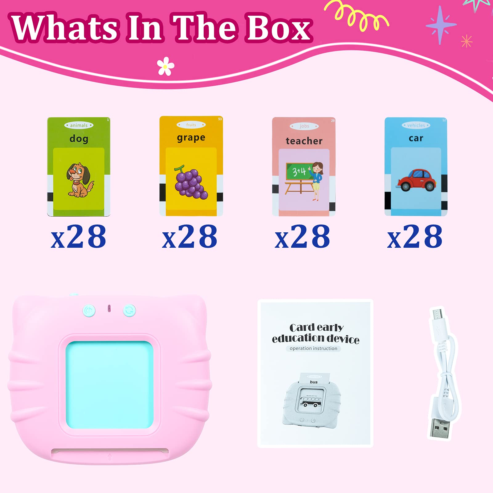 QuTZ Talking Flash Cards Learning Toys for Toddlers 2 3 4 5 6 Years Old with Sound Effect, Toddler Toys for Girls and Boys, 224 Sight Words Learning and Pronunciation, Birthday Christmas Pink