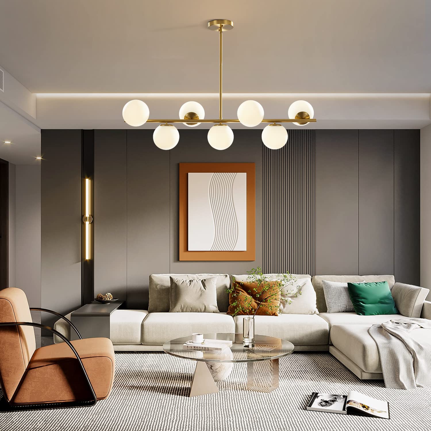 KCO Lighting Modern Brass Linear Chandelier Pendant Light, Gold and White