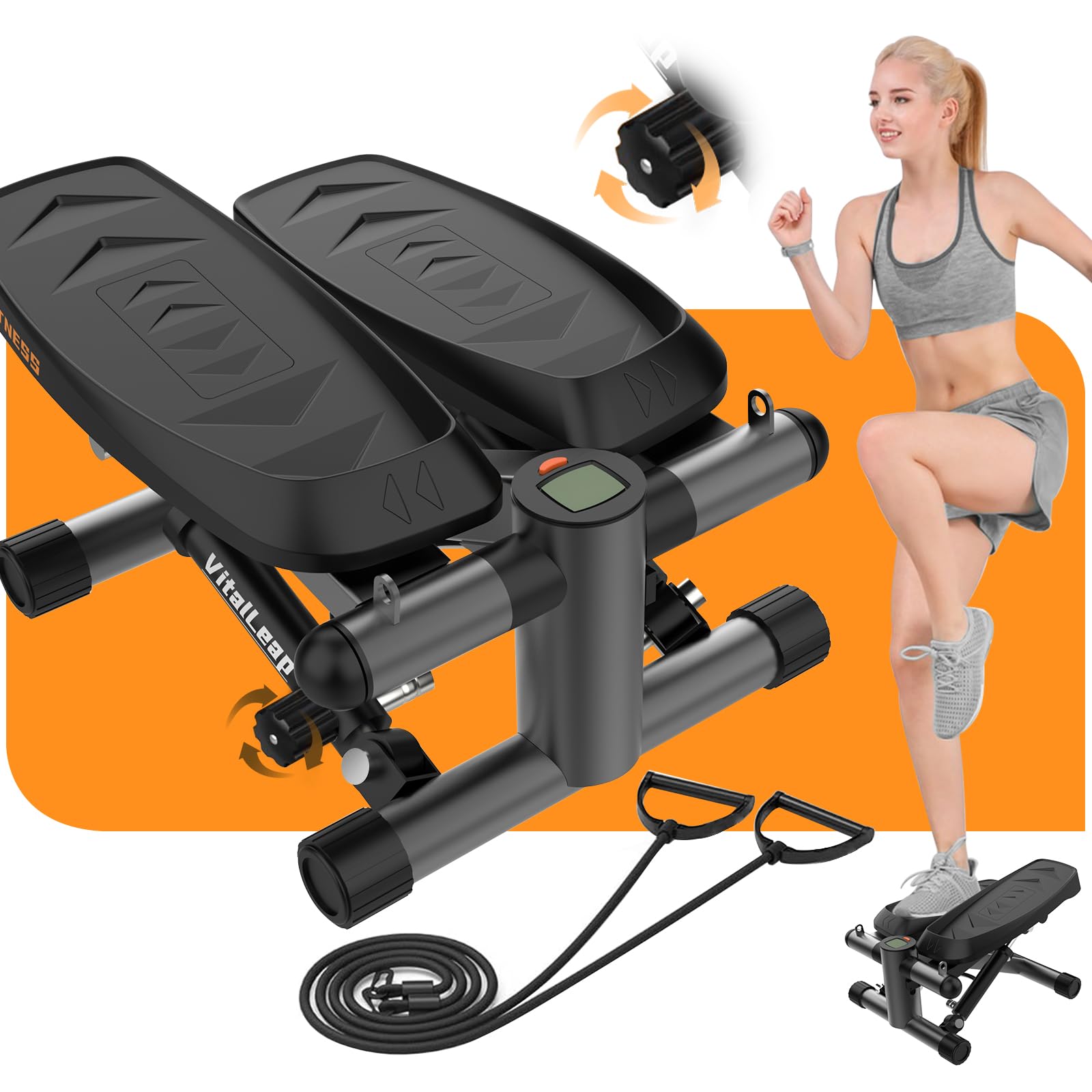 VitalLeap Steppers for Exercise, 16-Level Adjustable Resistance Stair Steppers with Arm Training Bands for Home Fitness