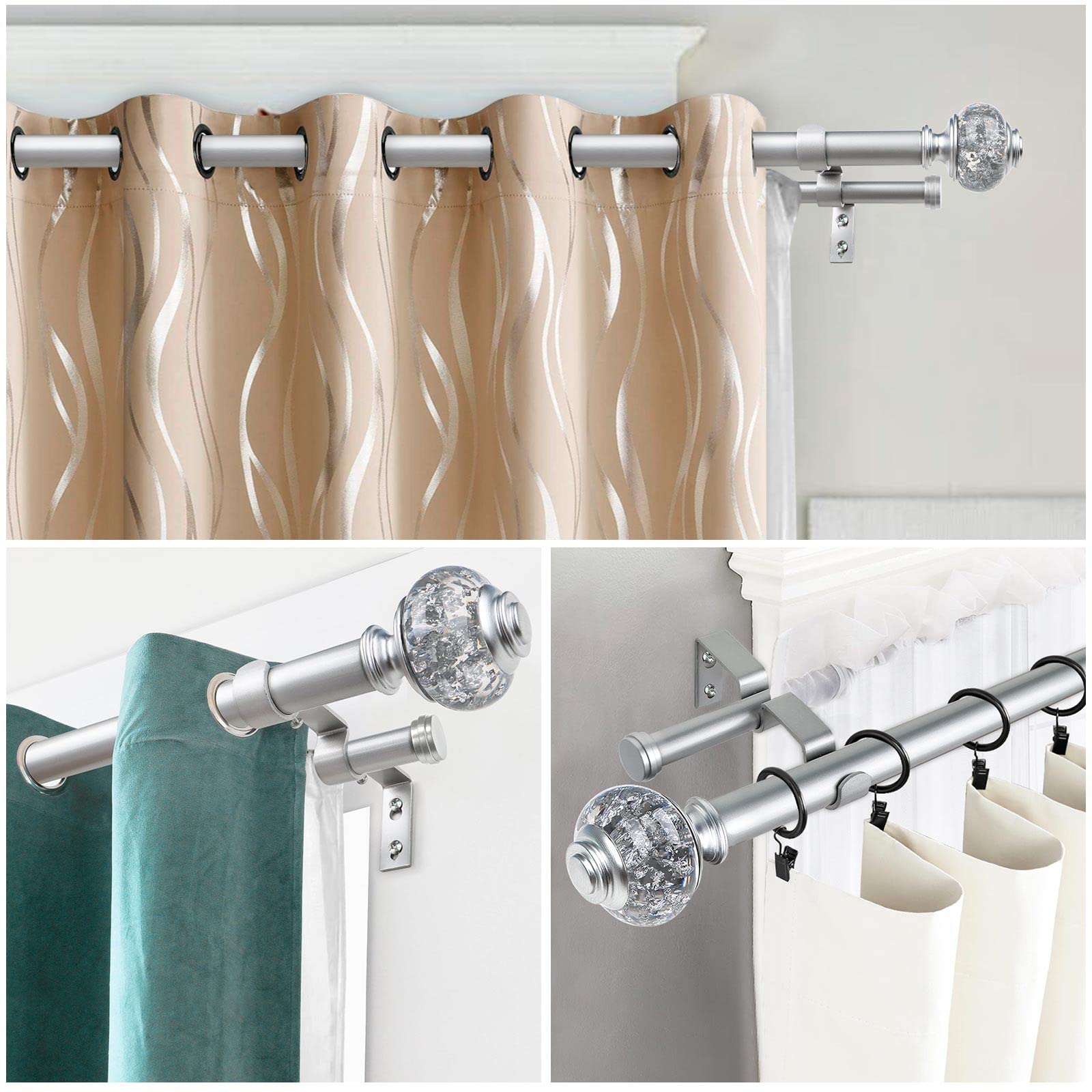 USFOOK 1 Inch Double Curtain Rods 72 to 144 Inches (6 to 12 ft), Silver Drapery Rods for Windows 69 to 140 Inches, Telescoping Dual Curtain Rod with Translucent Finials