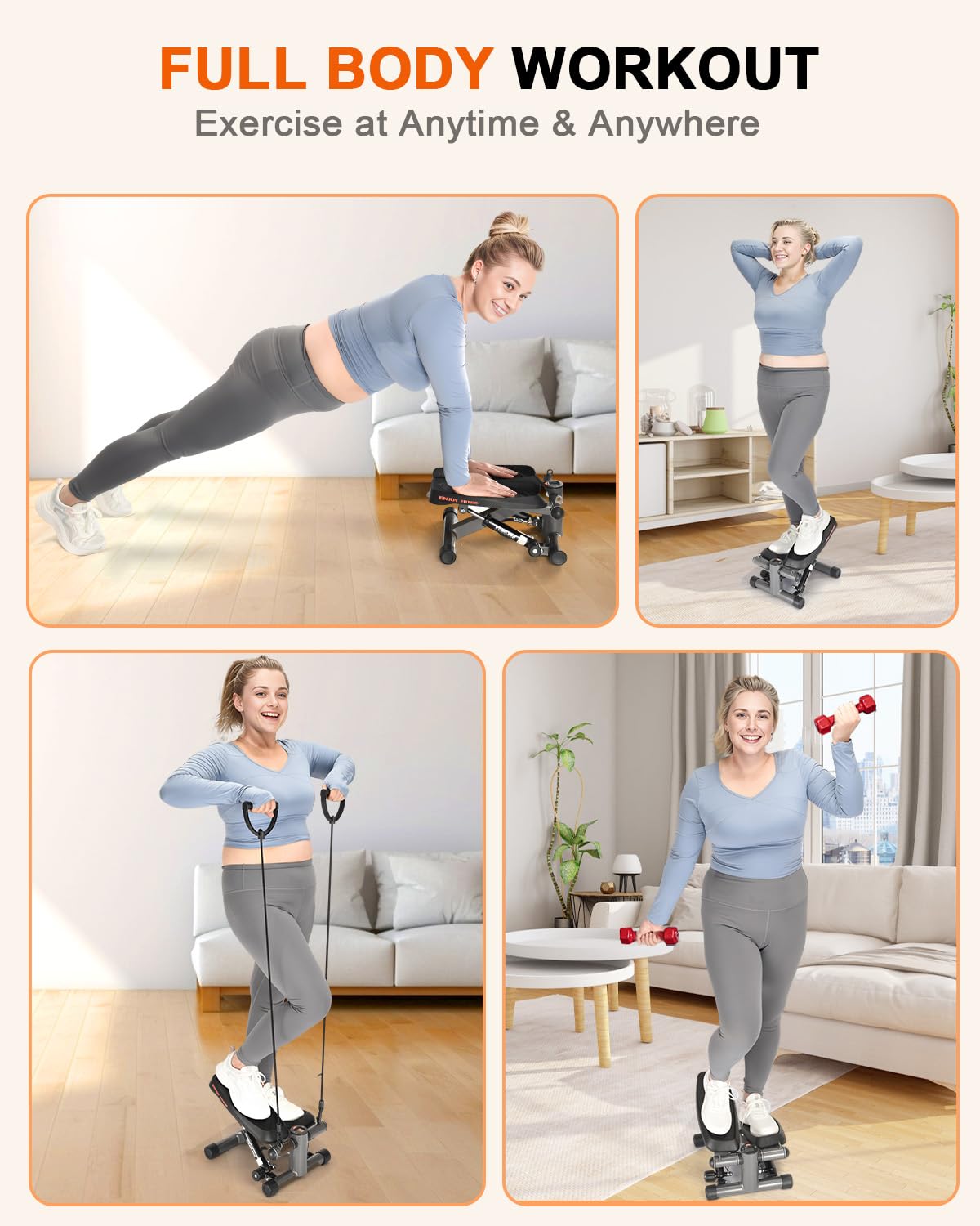 VitalLeap Steppers for Exercise, 16-Level Adjustable Resistance Stair Steppers with Arm Training Bands for Home Fitness
