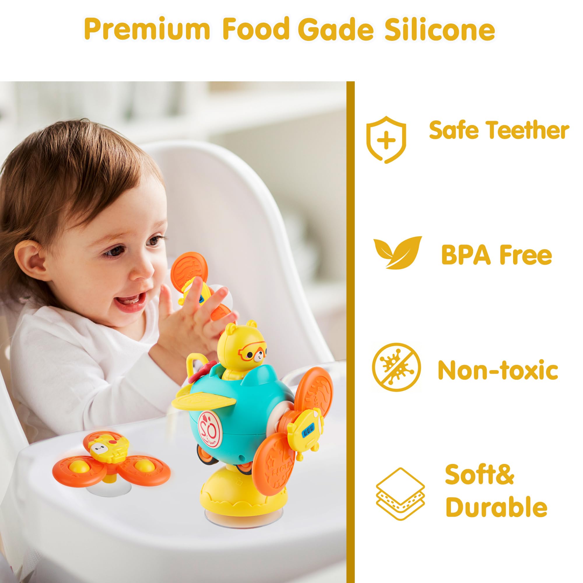 Dowellin 3-in-1 Spinner Toys High Chair Toy Table Toys for Kids, Car Toys and Helicopter Push Pull Toys Sucker Suction Toys for Child, Spinner Bath Toys for Baby Toddlers Infant 1 2 3 Years