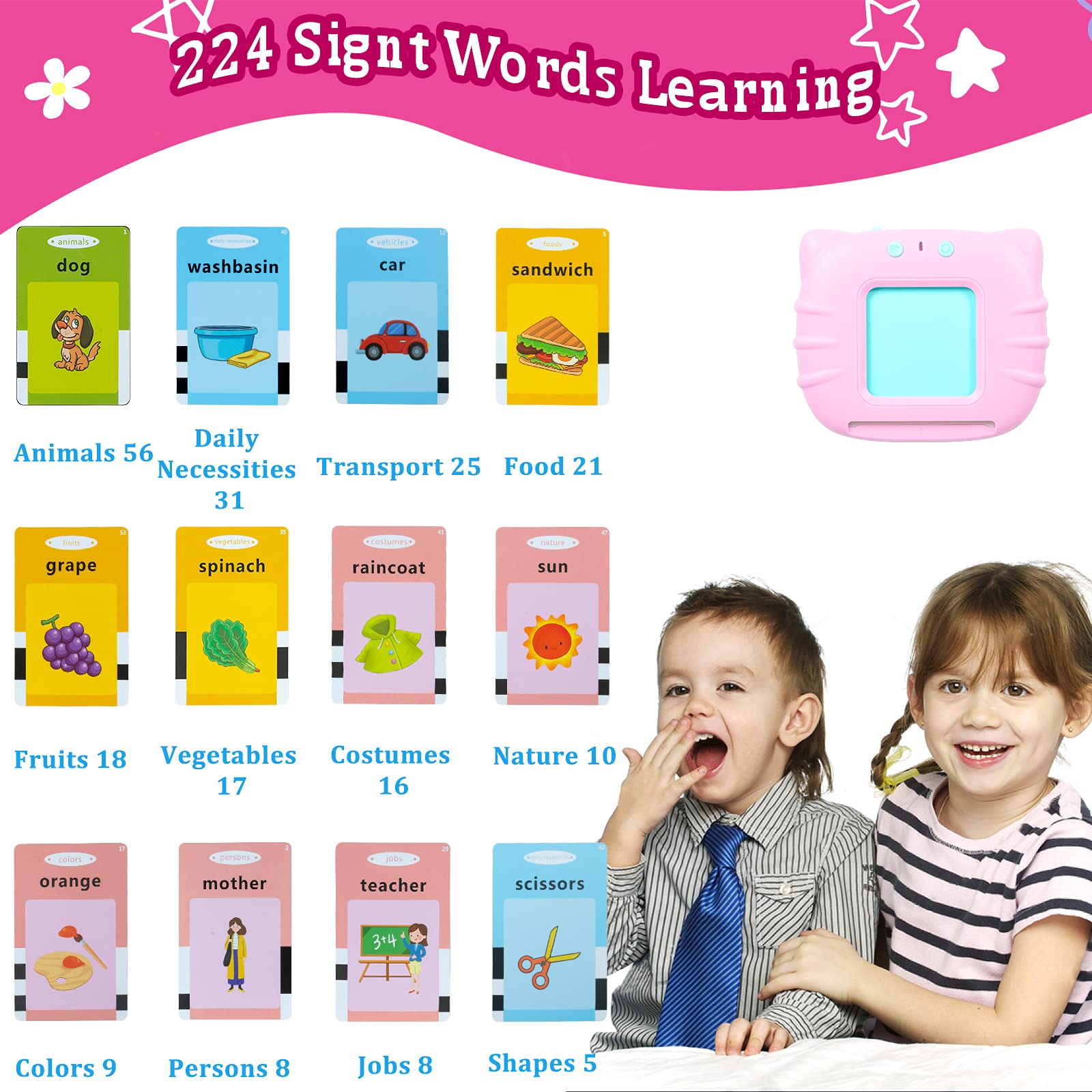 QuTZ Talking Flash Cards Learning Toys for Toddlers 2 3 4 5 6 Years Old with Sound Effect, Toddler Toys for Girls and Boys, 224 Sight Words Learning and Pronunciation, Birthday Christmas Pink