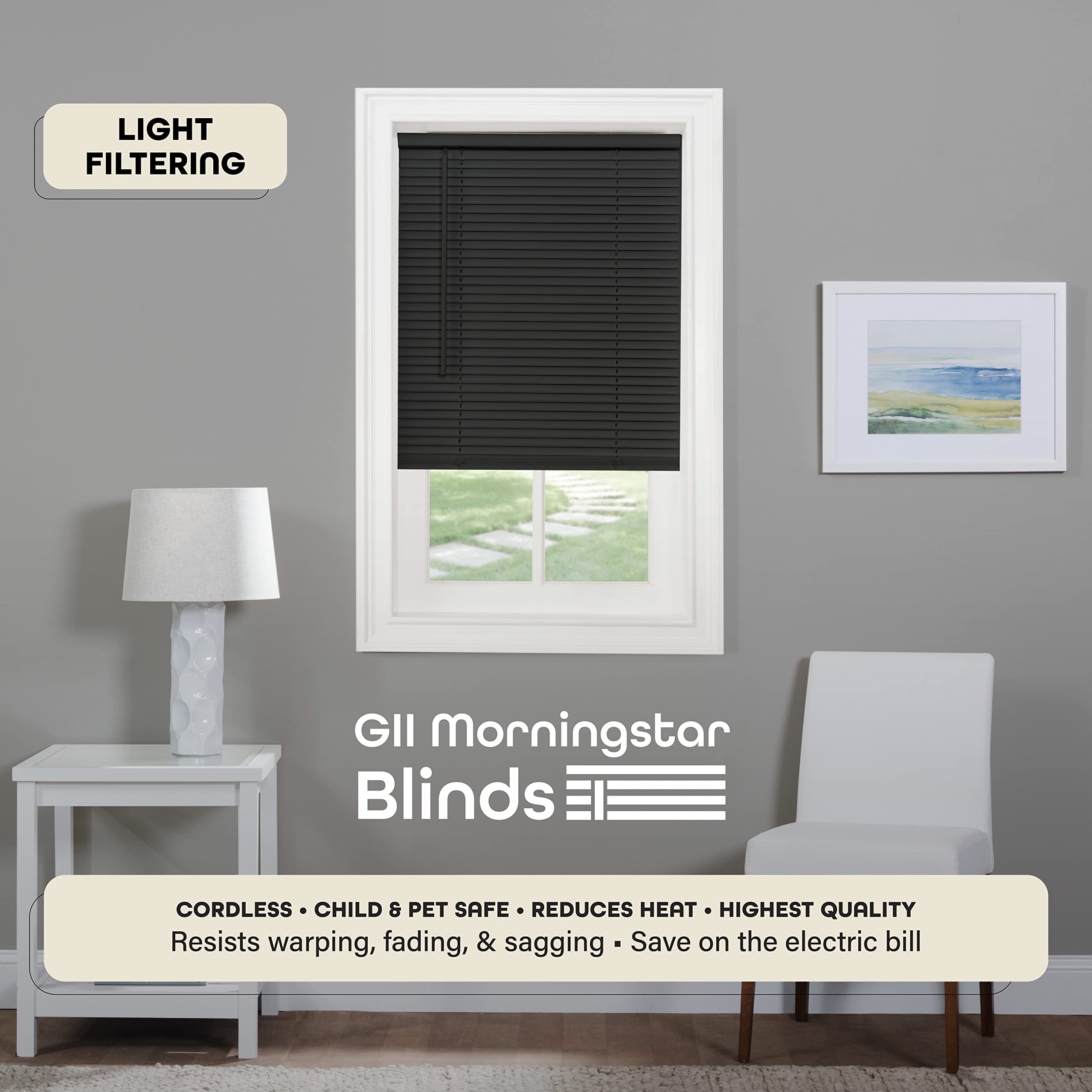 Cordless Light Filtering Mini Blind, 91 cm Width, 182 cm Length, 2.5 cm Slat Size - Black