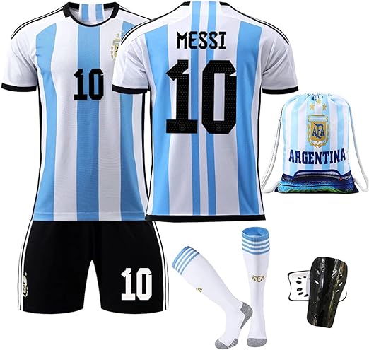 Kids Soccer Jersey 2023 Tiokkss Argentina Blue #10 Messi Kids Soccer Jersey & Shorts Shin Guards Backpack Drawstring Ball Bag Set Youth Sizes