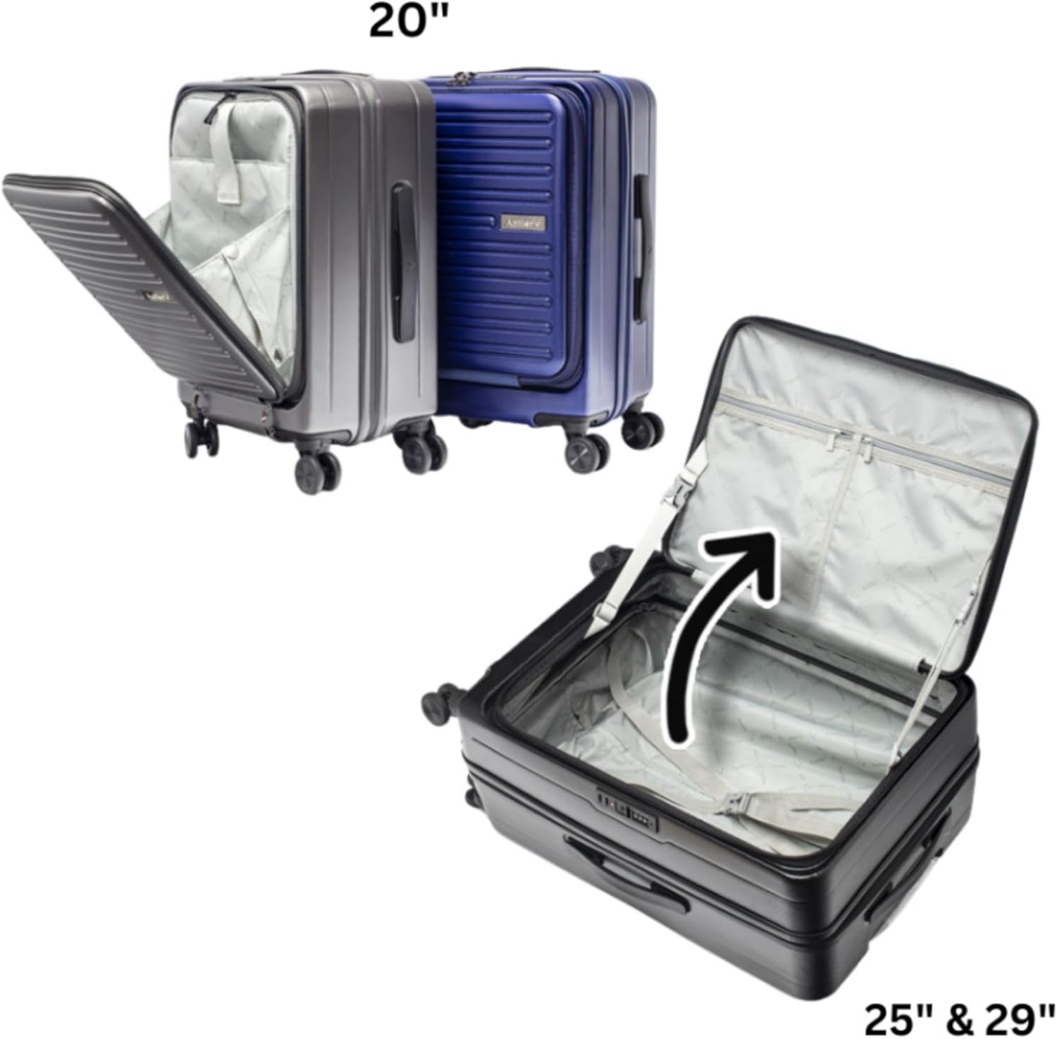 ANTLER Front Pocket Hardside Luggage Set of 2, Expandable 4 Double Wheeled Suitcase for Travel And business Trip. Anti Theft Double Zipper, TSA Lock (Grey)