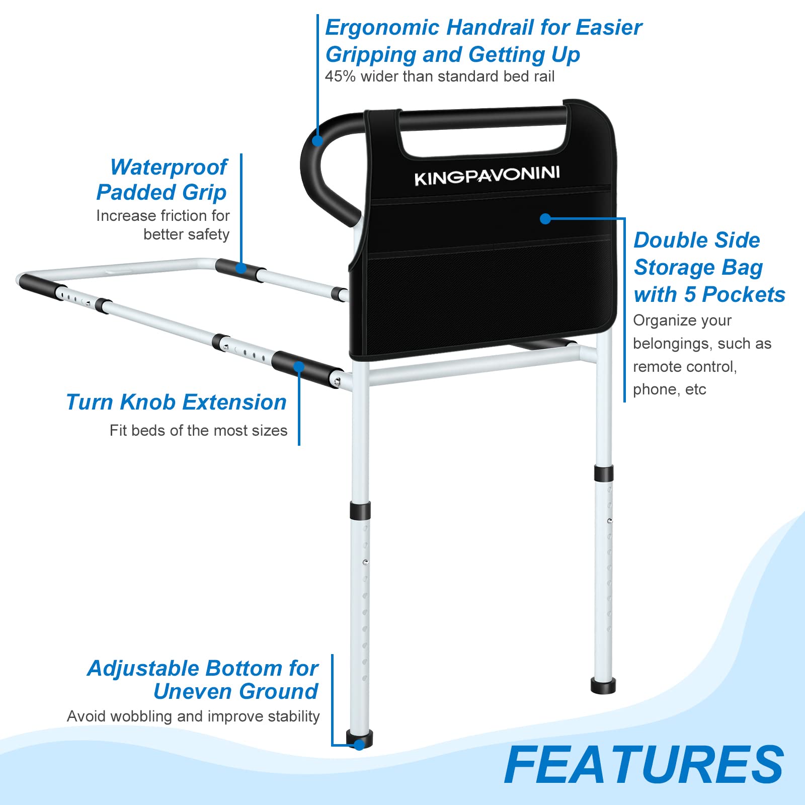 KingPavonini Bed Rails for Elderly Adults Safety - Adjustable Bed Cane with Non-Slip Ergonomic Handle and Storage Pocket, Stable Bed Assist Rails for Seniors Hold up to 400 Lbs, Tool-Free Assembly