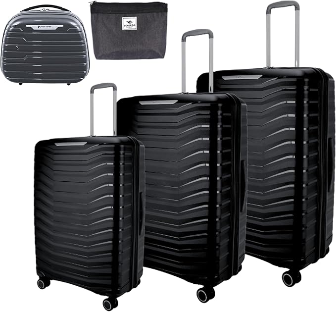 Pierre Cardin Unbreakable Luggage,Expandable Zipper,4 Spiner Whels, Set of 4 PCS Black