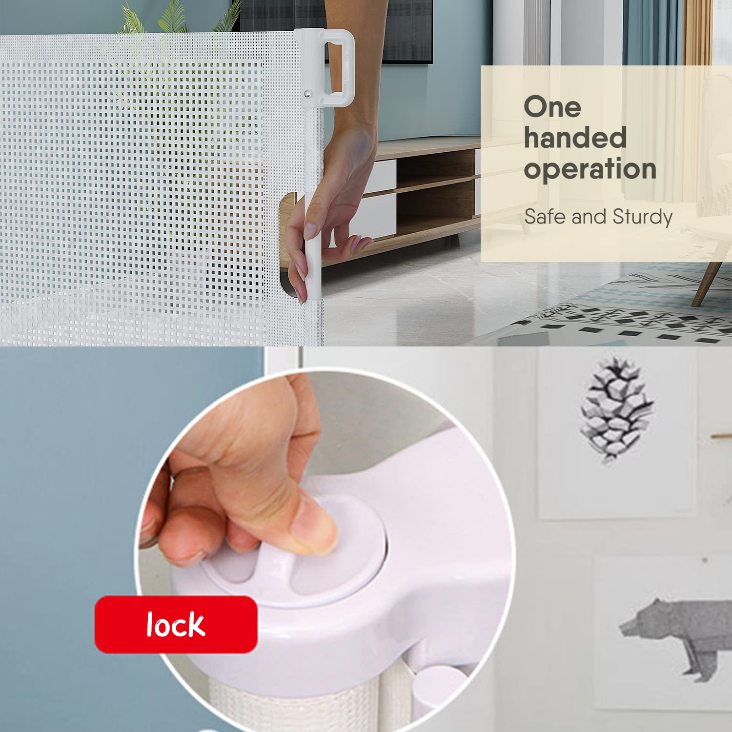 Beauenty Retractable Baby Gate, Baby Gate for Smooth Wall No Drilling, Adjustable Width and Height, Pet Gate for Doorway, Staircase, Indoor, Outdoor (White 150CM x 88CM)
