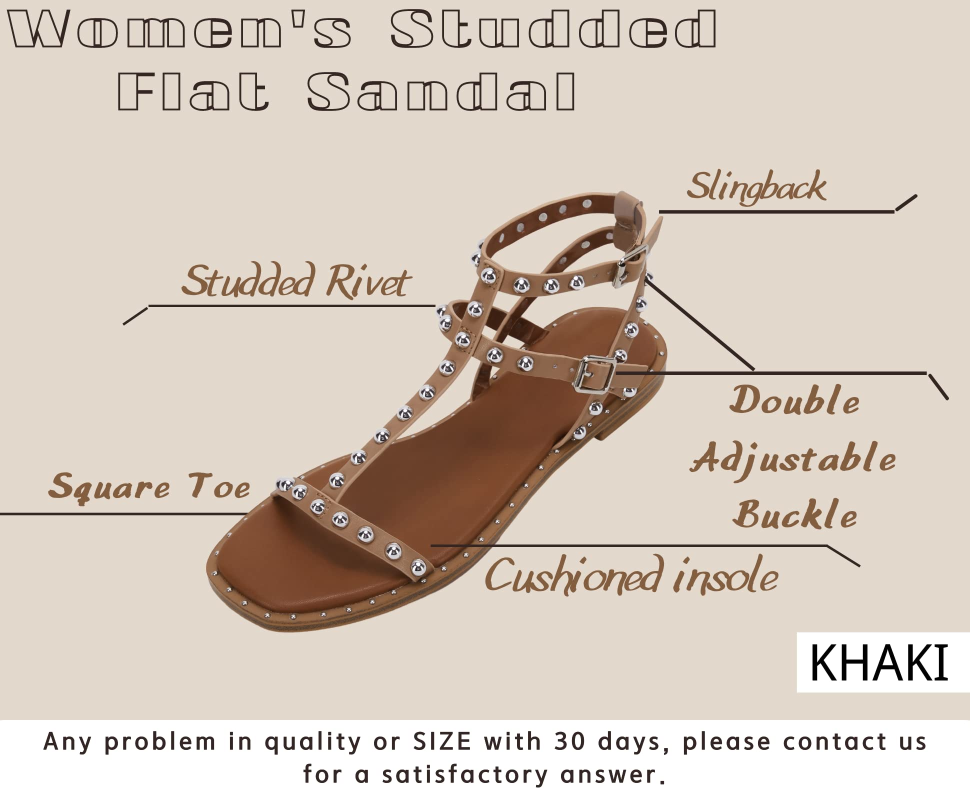 SIZE: 39 - Coutgo Womens Strappy Gladiator Flat Sandal Square Open Toe Studded T Strap Rivet Slingback Buckle Beach Sandals