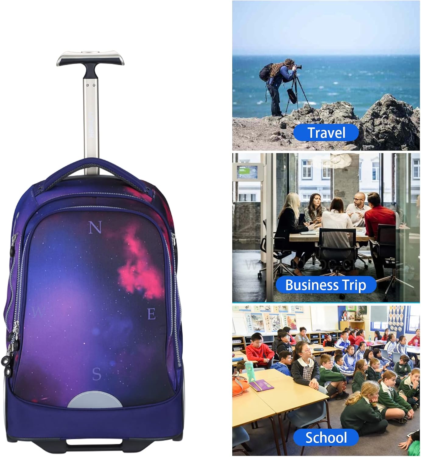 UNIKER Rolling Laptop Bag for 14 Inch,19 Inch Roller Bookbag,Wheeled Computer Bag Women,Airplane Bag Carry on Under Seat,Trolley Schoolbag with Big Wheels Purple
