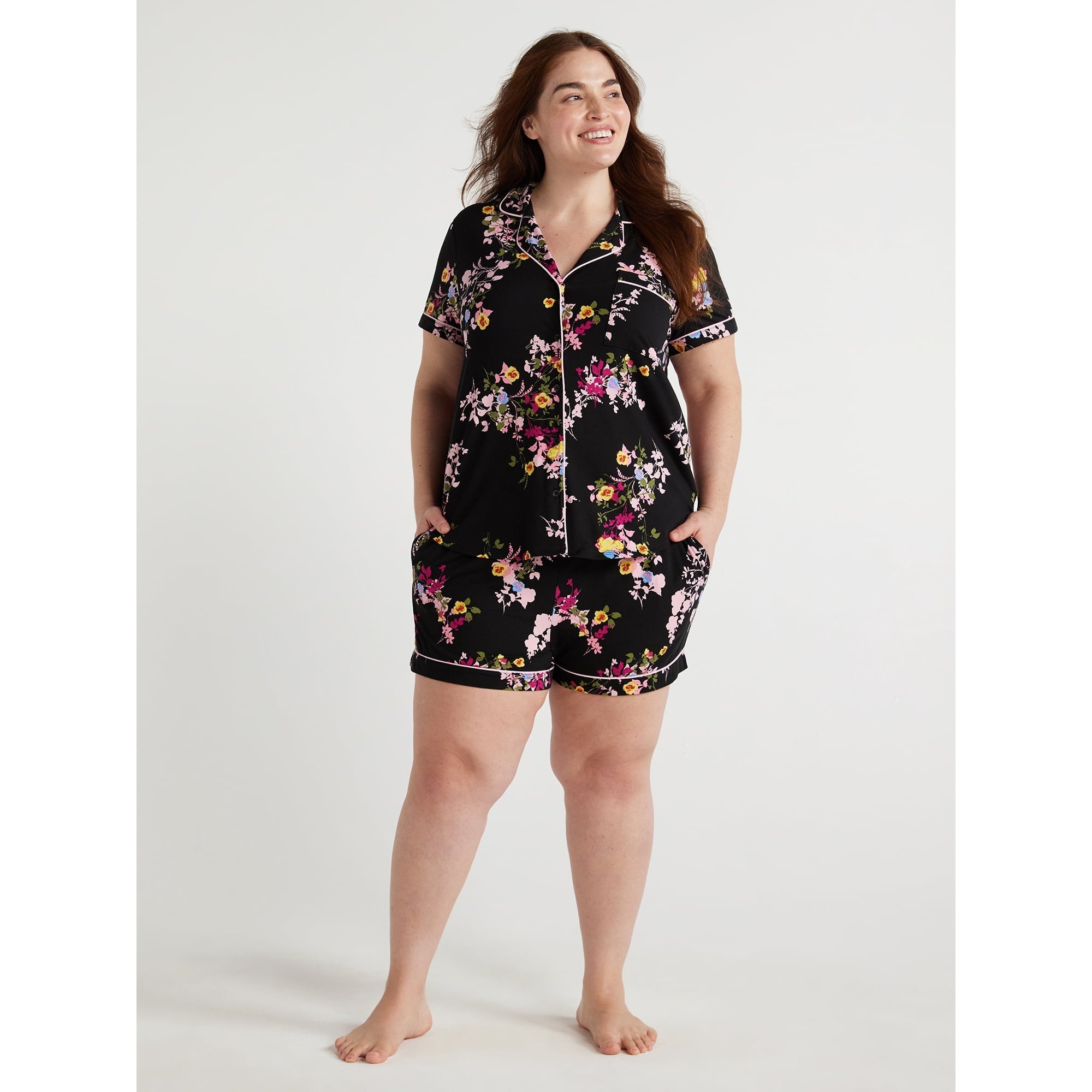 SIZE: L(12-14) - Joyspun Women's Knit Notch Collar Top and Shorts Pajama Set, 2-Piece