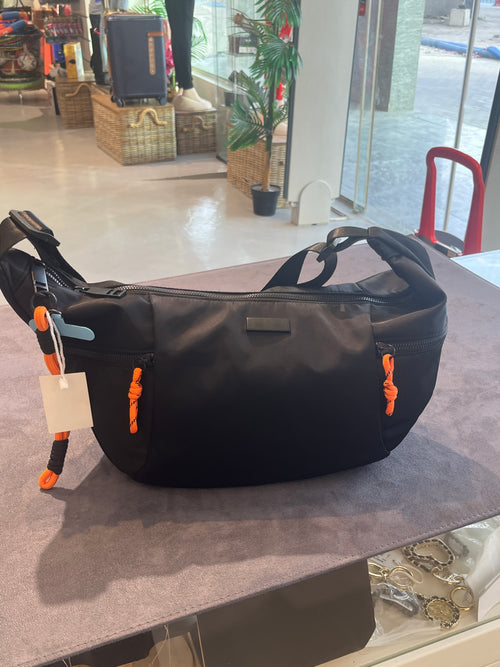 Black Nylon Crescent Crossbody Bag with Orange Pull Accent