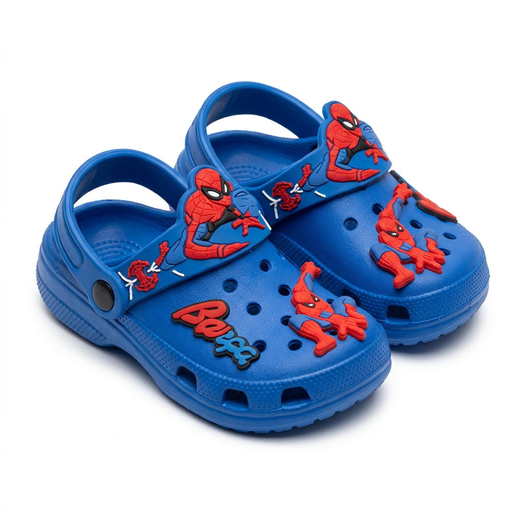Clogs Kids' Classic Royal Blue Clogs with Spider-Man & Barça Adhesive Graphics.