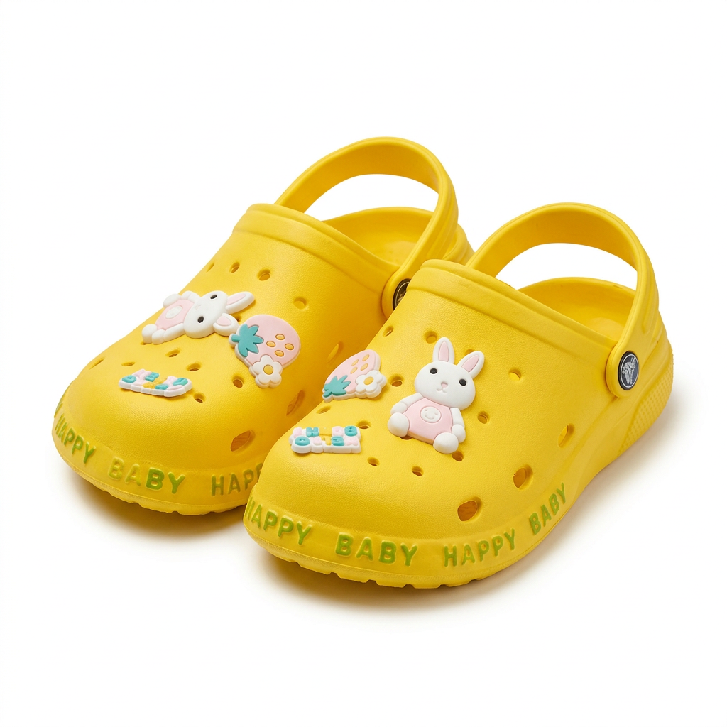 Kids' Classic Bright Yellow Clogs with Cute Cartoon Bunny & Strawberry Charms.
