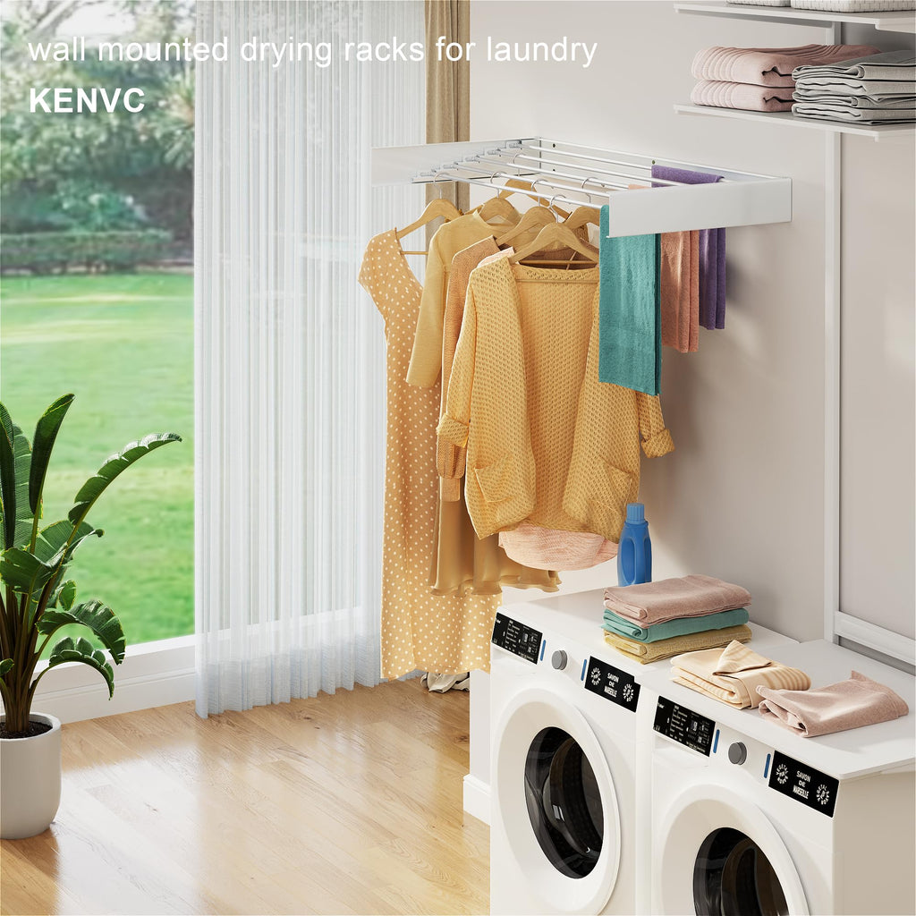 Laundry Drying Rack Collapsible, Wall Mounted, Clothes Drying Rack, 31.4" Wide, 13.2 Linear Ft, 5 Aluminum Rods, 60 lb Capacity, with Wall Template, Screwdriver Bit, Drill Bit (White 31.4" Medium)