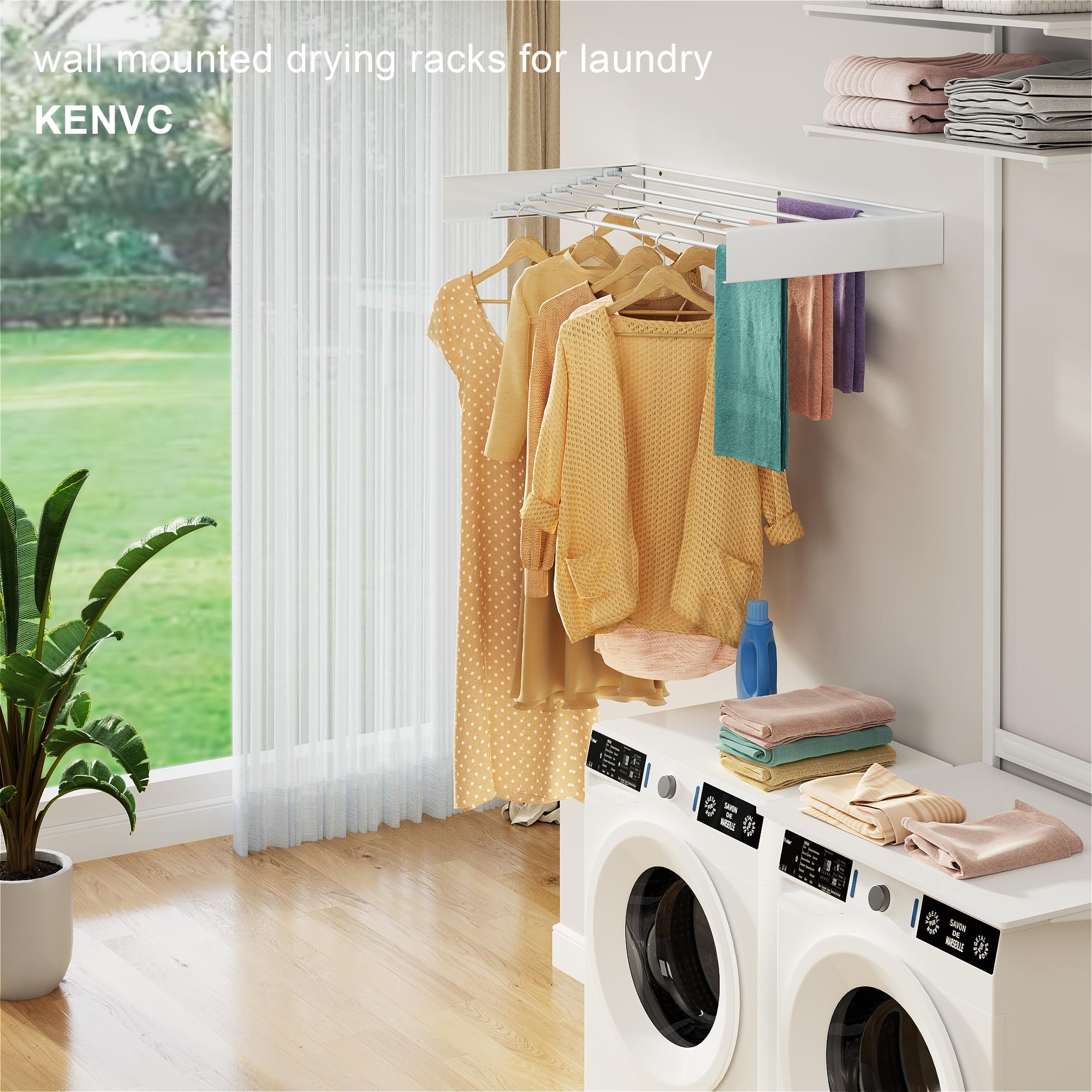 Laundry Drying Rack Collapsible, Wall Mounted, Clothes Drying Rack, 31.4" Wide, 13.2 Linear Ft, 5 Aluminum Rods, 60 lb Capacity, with Wall Template, Screwdriver Bit, Drill Bit (White 31.4" Medium)