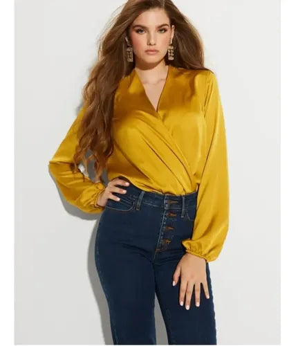 Guess Women's Long-Sleeve Wrap Bodysuit - Mustard Yellow