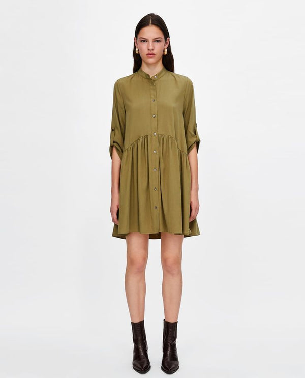 Zara shirt dress with a button-front closure and a tiered hem olive green