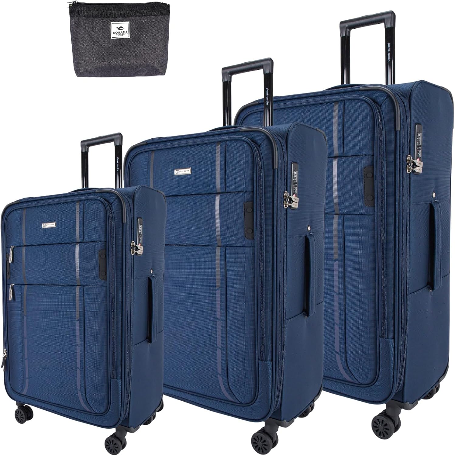 Pierre Cardin Lightweight Luggage Set of 3 for Travel, Softside Suitcase Set With TSA Approved Lock, Anti Theft Double Zipper And 8 Smooth Wheels (Navy)