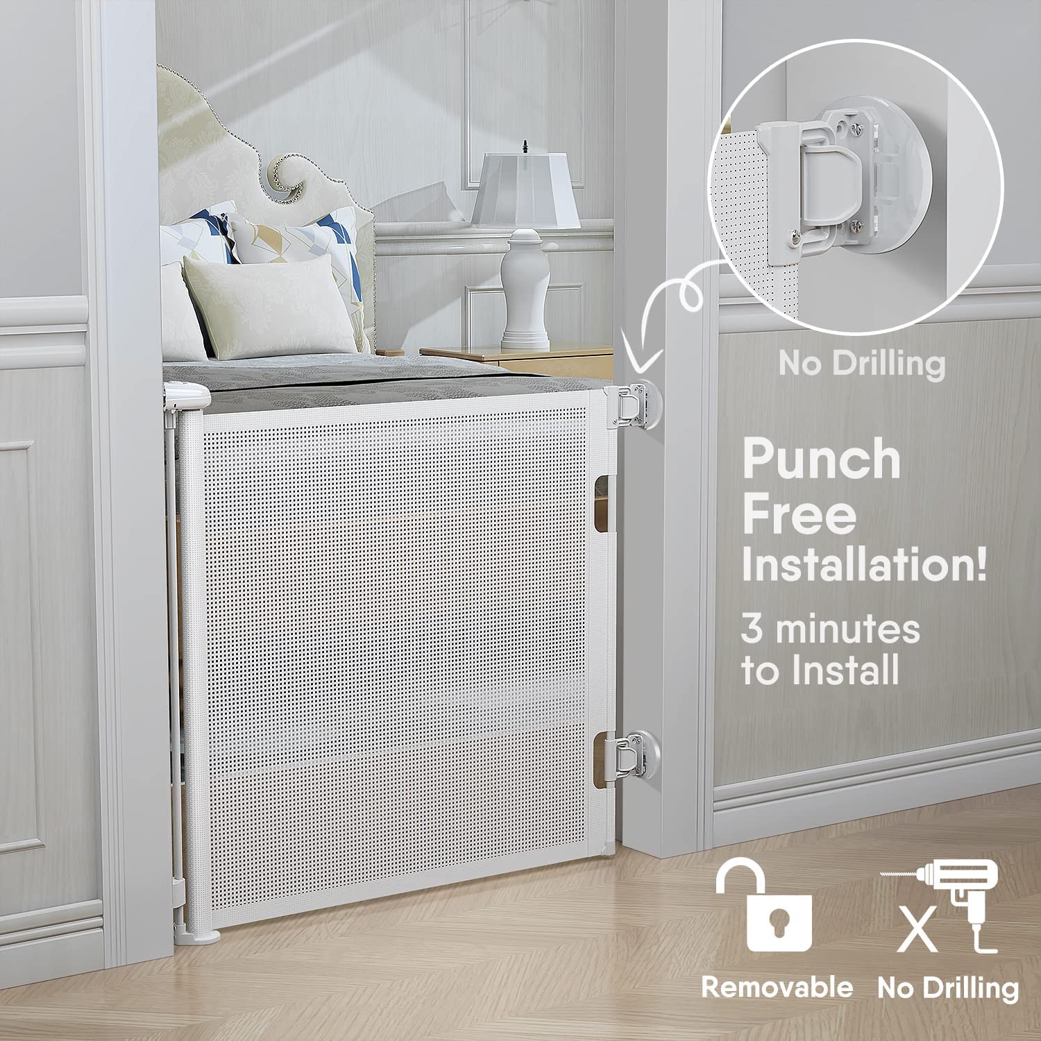Beauenty Retractable Baby Gate, Baby Gate for Smooth Wall No Drilling, Adjustable Width and Height, Pet Gate for Doorway, Staircase, Indoor, Outdoor (White 150CM x 88CM)