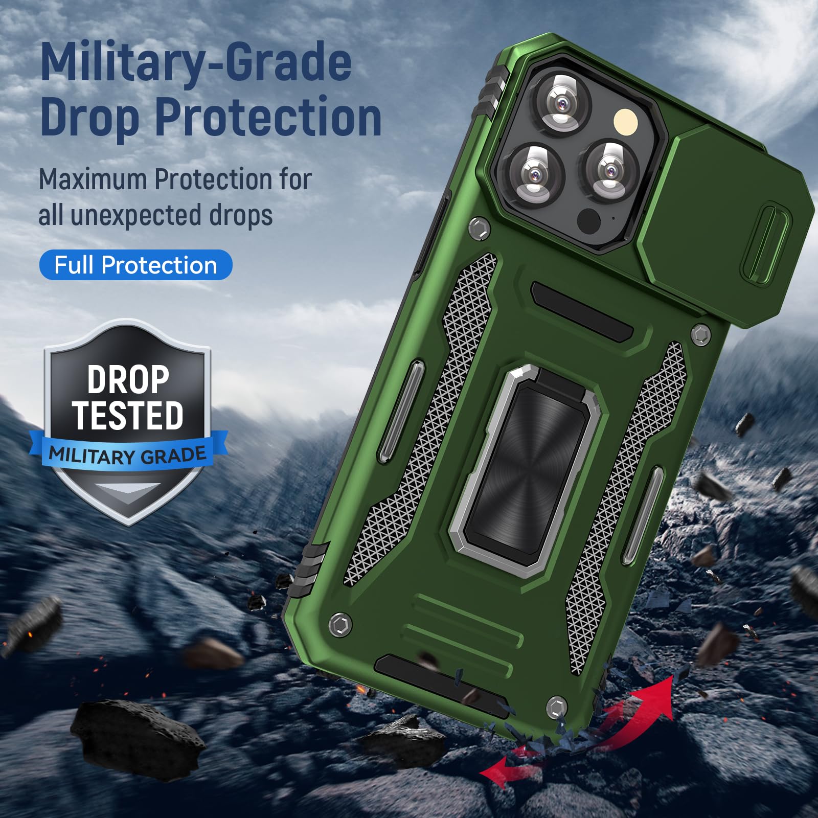 UKLCCU Case for 15 Pro iPhone Phone Case iPhone 15 Pro Case for Men with Slide Camera Cover, Built-in 360° Rotate Ring Stand for iPhone 15 Pro - Olive Green