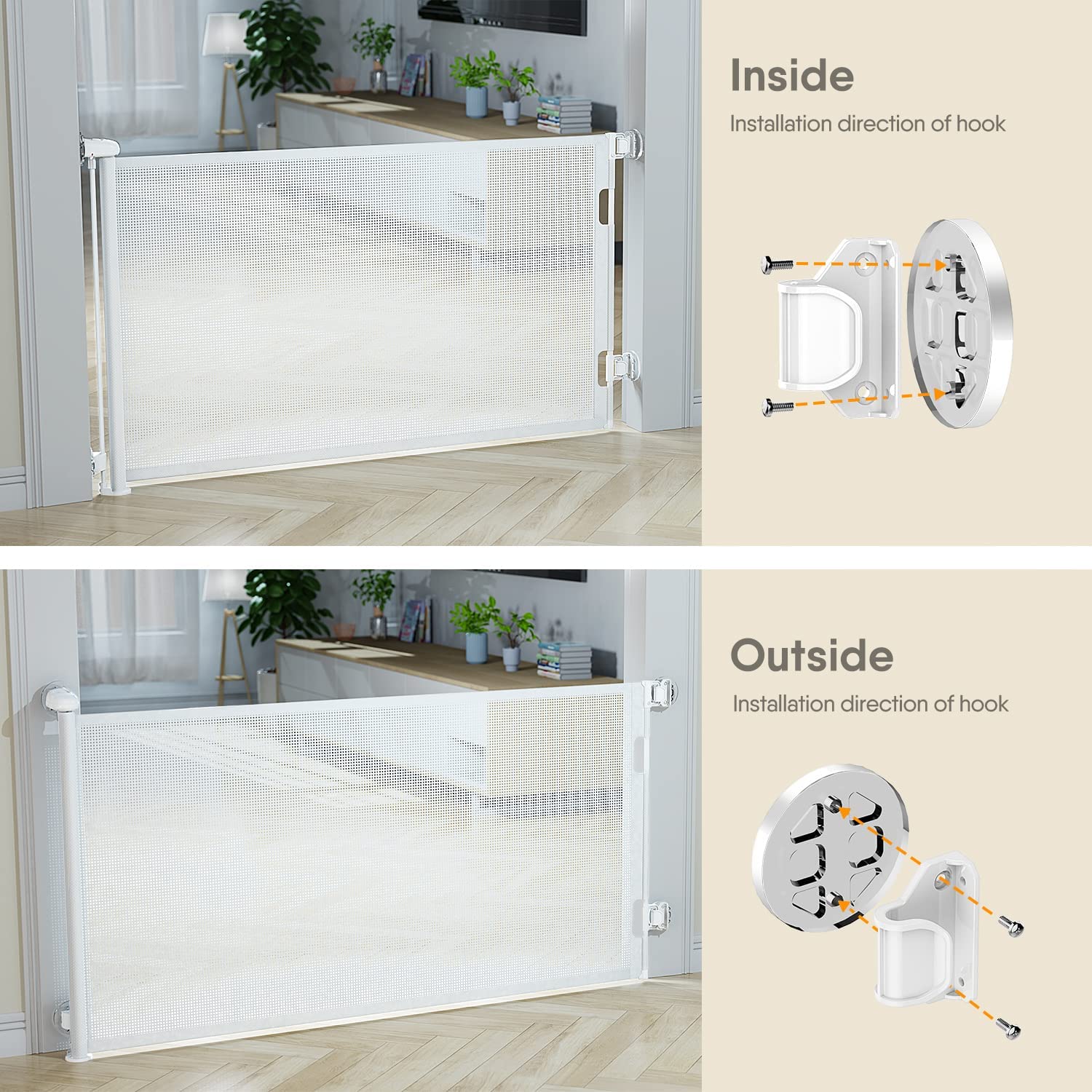 Beauenty Retractable Baby Gate, Baby Gate for Smooth Wall No Drilling, Adjustable Width and Height, Pet Gate for Doorway, Staircase, Indoor, Outdoor (White 150CM x 88CM)