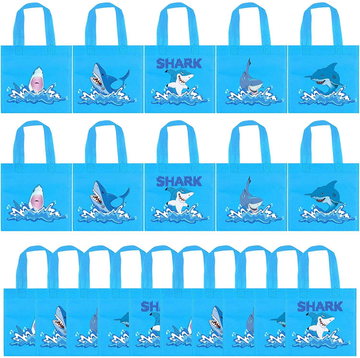 BANBALLON 20 PCS Shark Party Favor Bags, 5 Different Design Shark Non-Woven Bags for Baby Shower Kids Adults Birthday Party Shark Theme Party Supplies