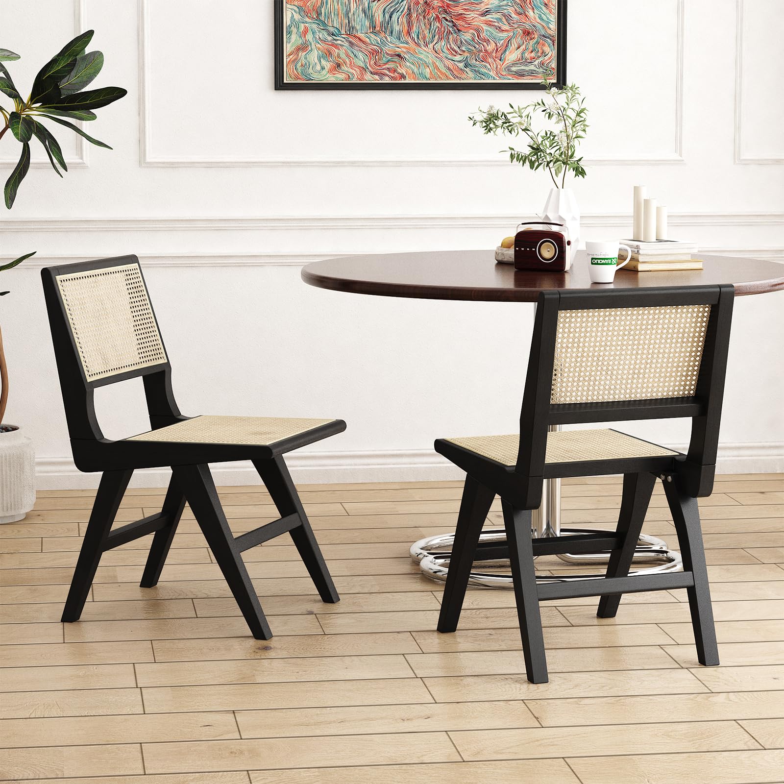 Accent Chair Dining Chairs Set of 2, Solid Wood Frame Boho Rattan Chair, Mid Century Modern Accent Chairs for Living Room Bedroom Dining Room Kitchen (Black)