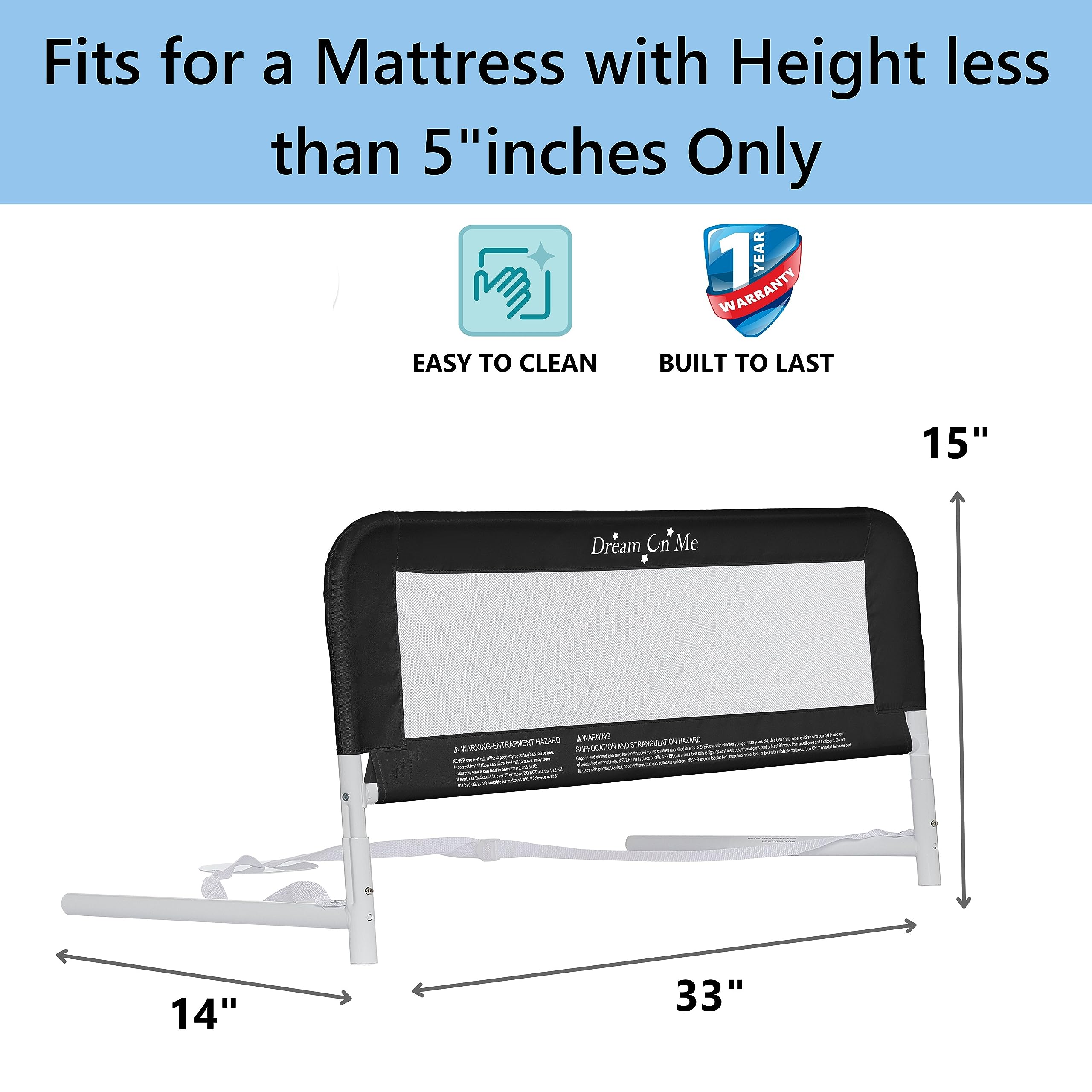 Dream On Me Lightweight Mesh Security Adjustable Bed Rail for Toddler(Black)
