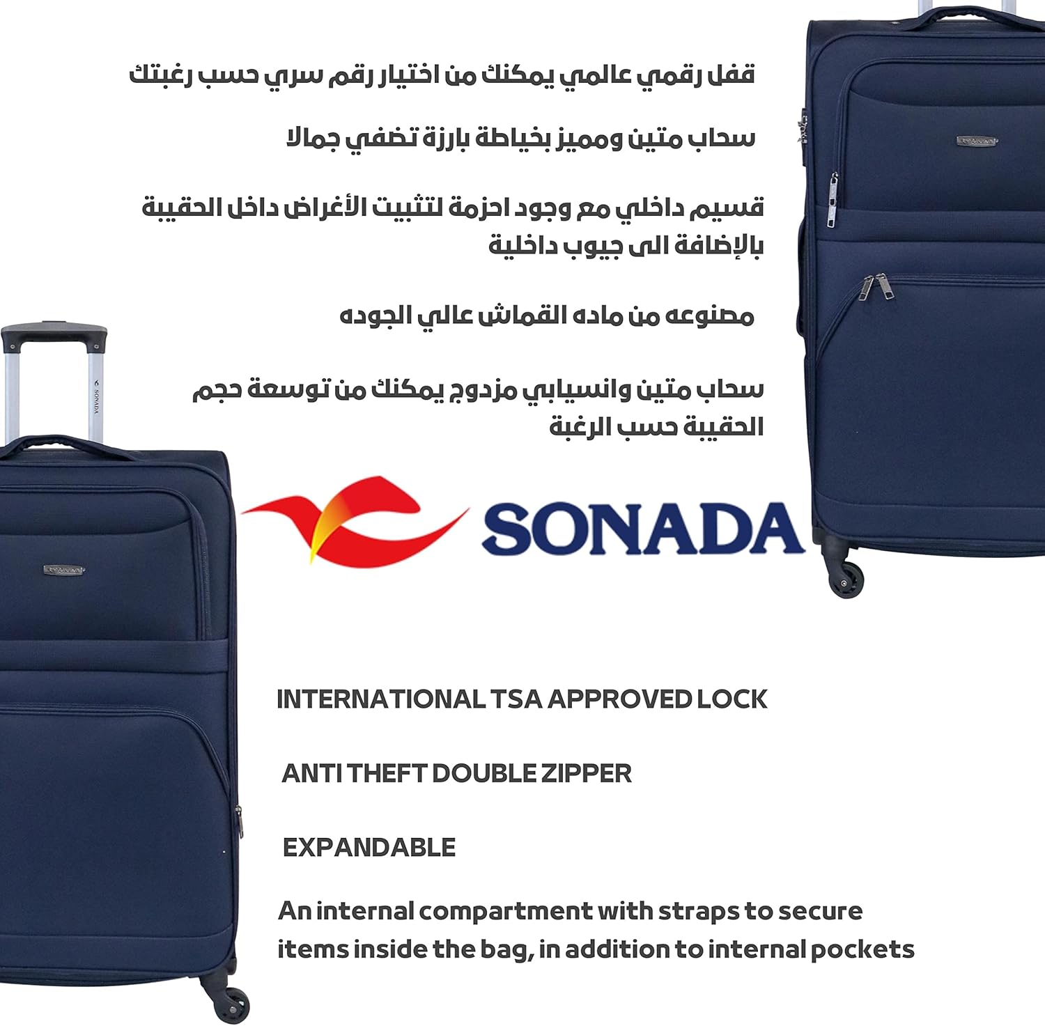 Sonada Lightweight Luggage 4 Wheels, ANTI Theft Digit Lock Softside Suitcase for travel (Set of 3, Navy)