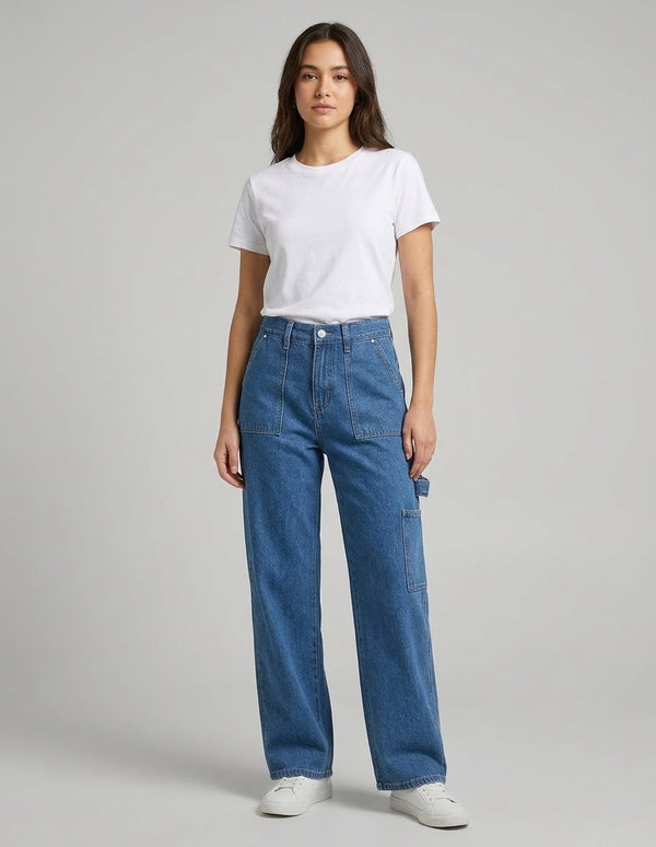 High-Waist Wide-Leg Utility Jeans - Mid Blue Wash