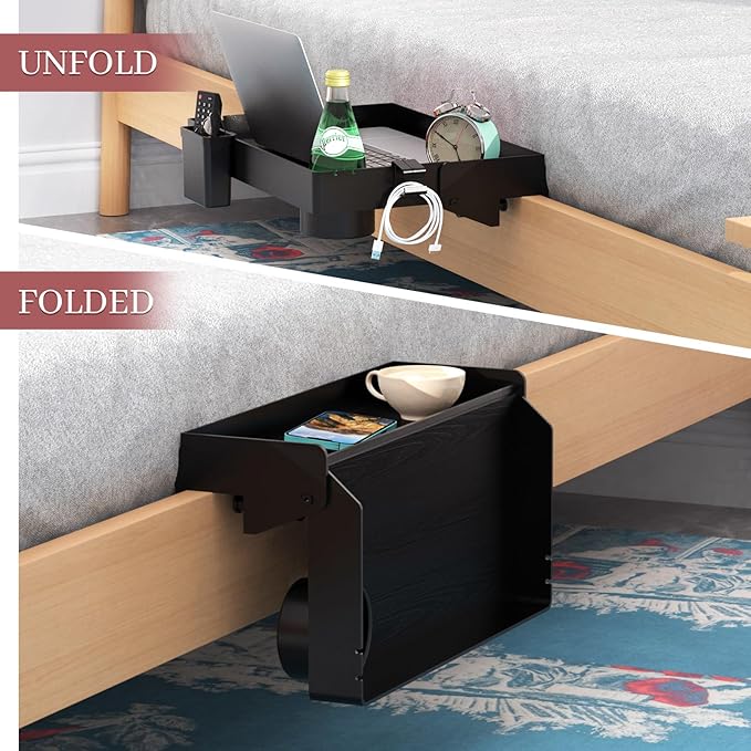 SOLEJAZZ Bedside Shelf for Bed, Foldable Bunk Bed Shelf for Top Bunk Clip On Nightstand with Drawer, Hook, Cup & Cord Holder College Dorm Room Essential Table Caddy Tray Organizer Bedroom Shelf, Black
