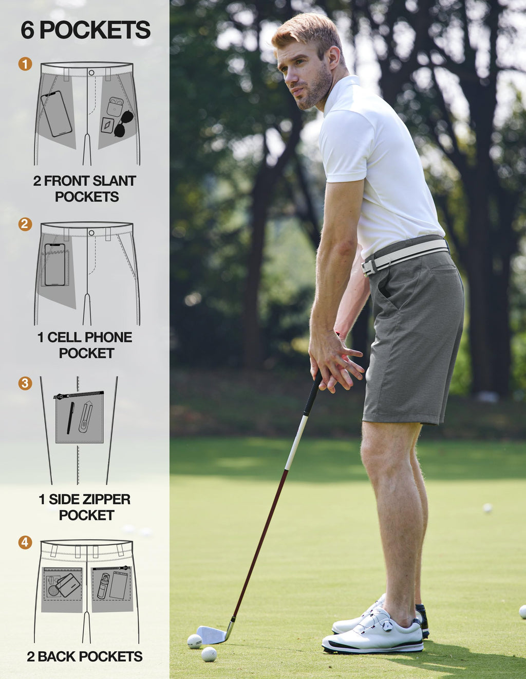 SIZE: 34 - PULI Men's Board Shorts Stretch Casual Golf Hybrid Dress Flat Front Lightweight Quick Dry with Pockets Grey 34