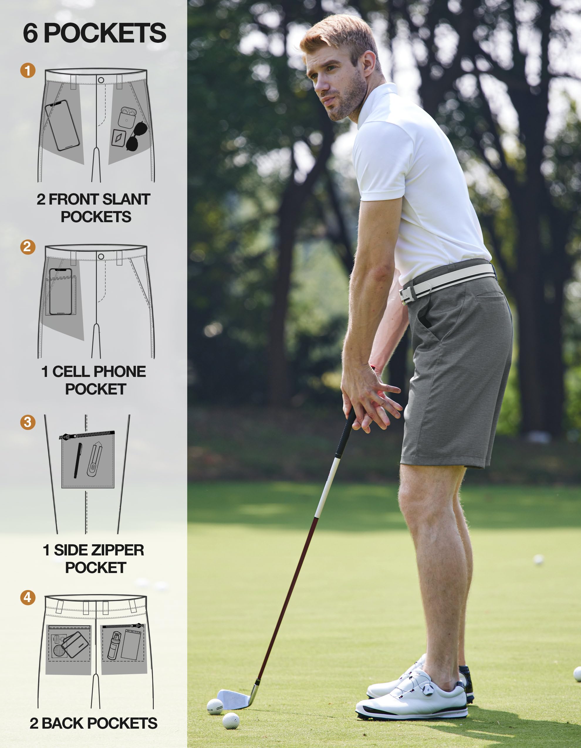 SIZE: 34 - PULI Men's Board Shorts Stretch Casual Golf Hybrid Dress Flat Front Lightweight Quick Dry with Pockets Grey 34