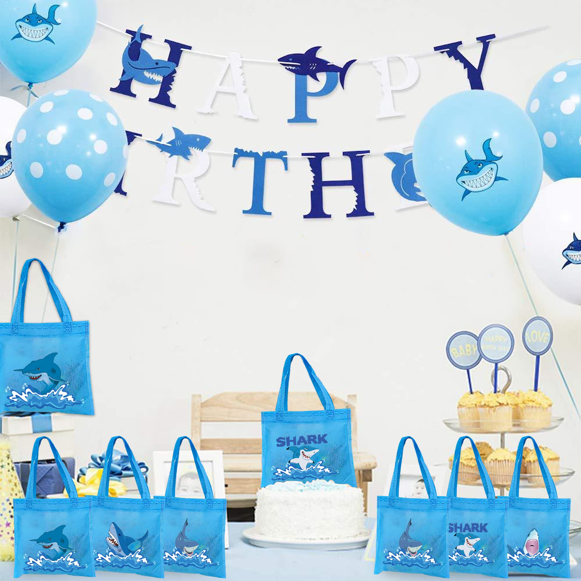 BANBALLON 20 PCS Shark Party Favor Bags, 5 Different Design Shark Non-Woven Bags for Baby Shower Kids Adults Birthday Party Shark Theme Party Supplies